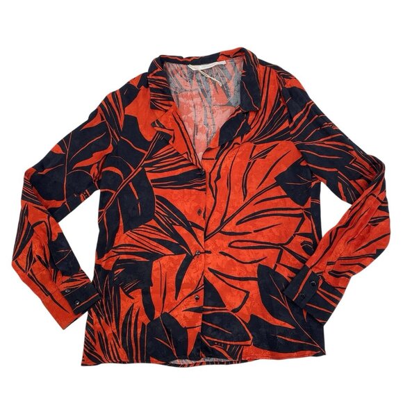 Zara Tops - Zara Size Small Leaf Print Collar V-Neck Button Front Long Sleeve Blouse Satin